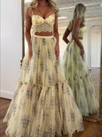 Floral Chiffon Elegant Midi Skirt Halter Neck Strap Set 2-piece Sets
