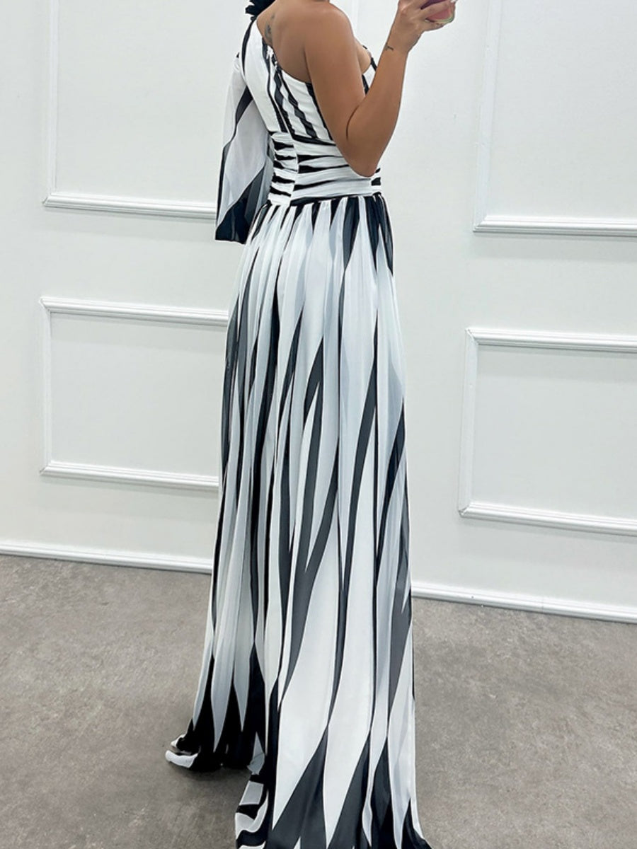 Color-blocked Printed Sloping Shoulders Slit Formal Dress Maxi Dresses