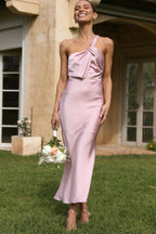 Satin One Shoulder Knot Strap Bias Cut Midi Dress