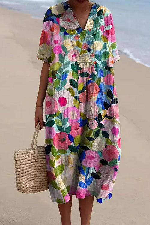 V Neck Short Sleeves Floral Print Loose Midi Vacation Dress