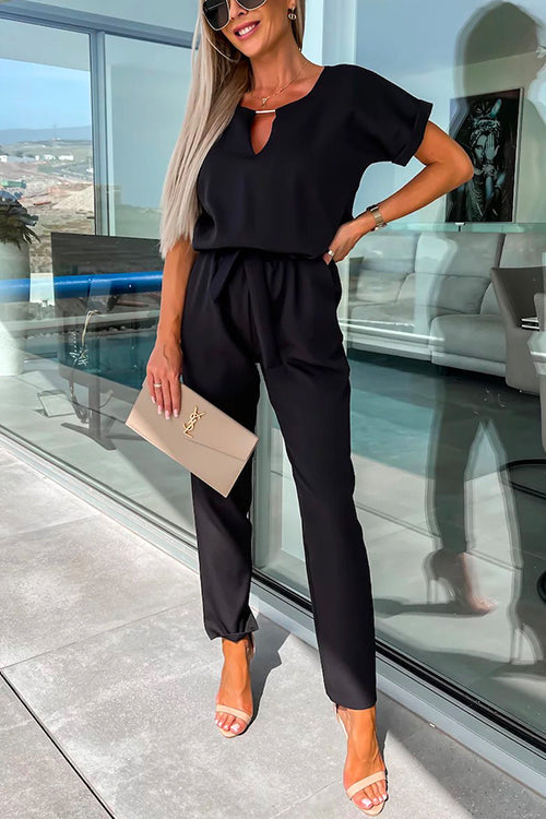 V Neck Rolled Sleeve Pullover Knot Waist Tapered Pants Set