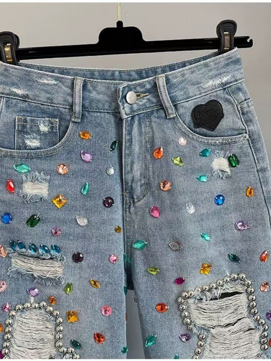 Rhinestone Frayed Denim Shorts