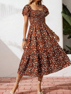 Floral Short Sleeve Square Collar Ruffle Vacation And Leisure Maxi Dresses