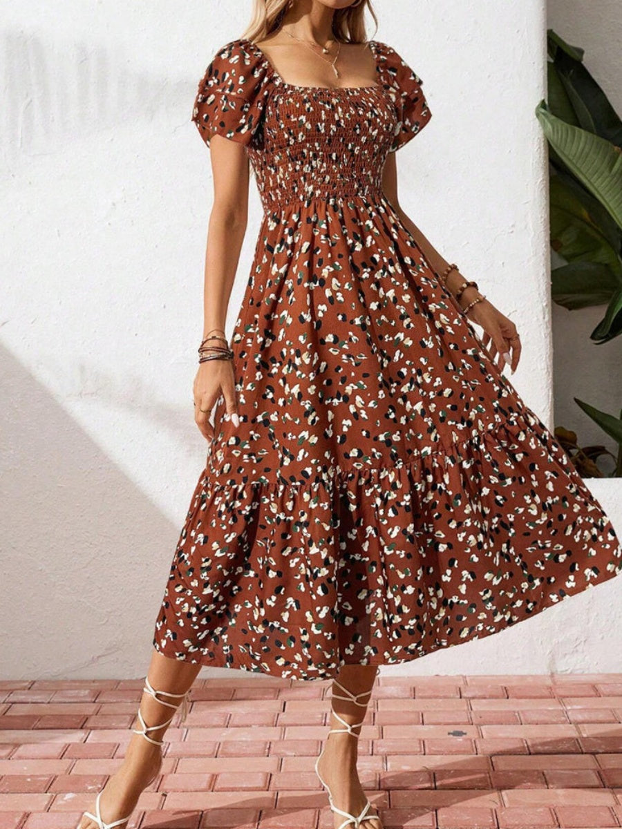 Floral Short Sleeve Square Collar Ruffle Vacation And Leisure Maxi Dresses