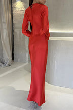 Round Neck Long Sleeves Satin Maxi Party Dress