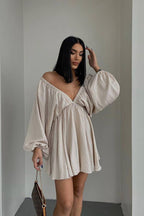 Crinkle Texture Deep V-Neck Puff Sleeve Babydoll Mini Dress