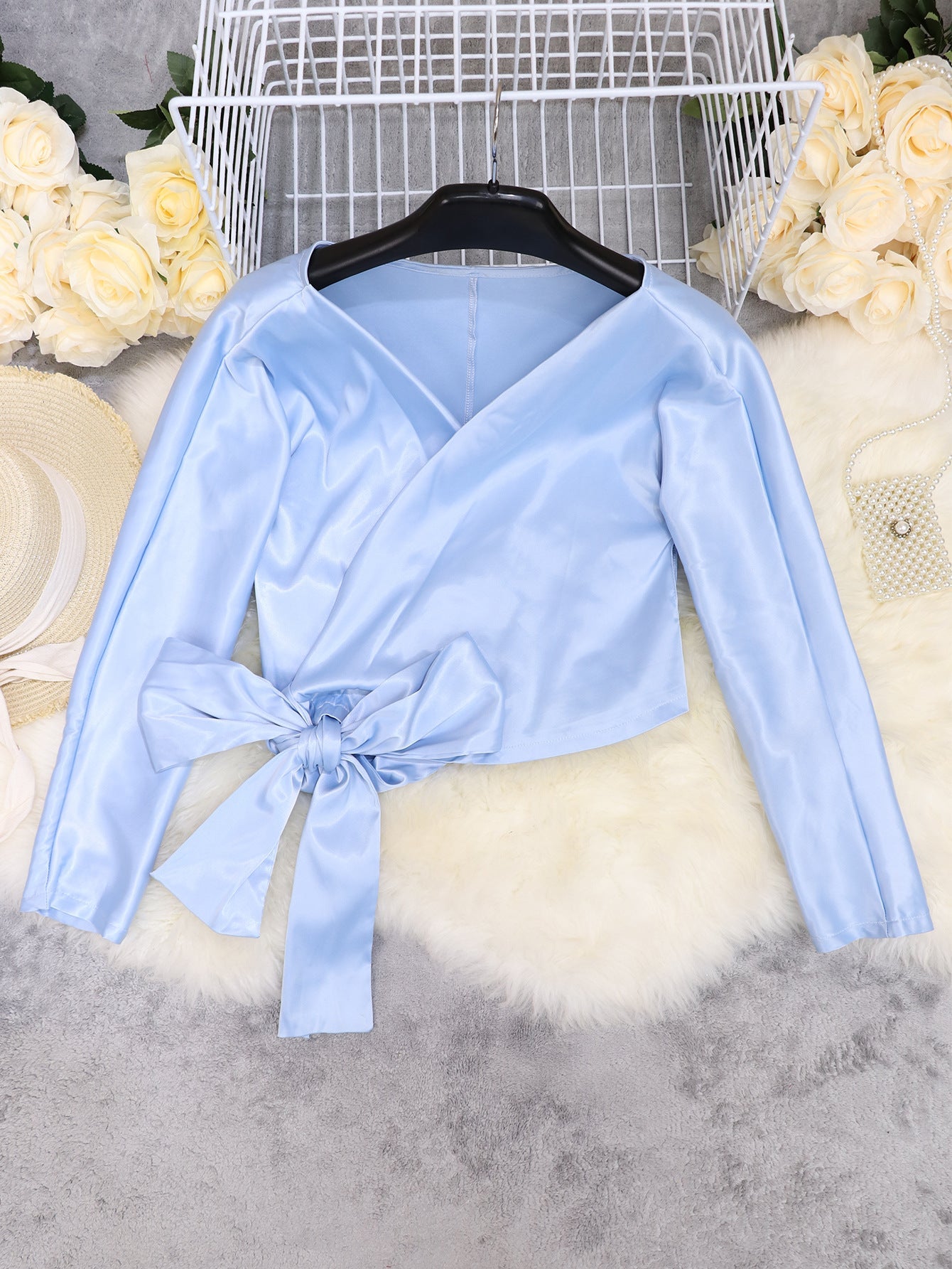 V-neck Long Sleeve Side Straps Silk Chiffon Blouse