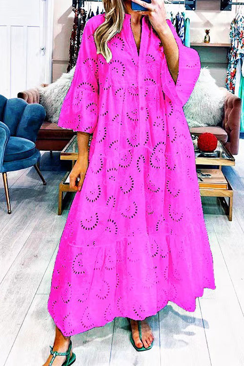 V Neck Flare Sleeves Lace Hollow Out Tiered Maxi Dress
