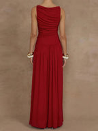 Slim-fit Pleated Solid Color Long Dress