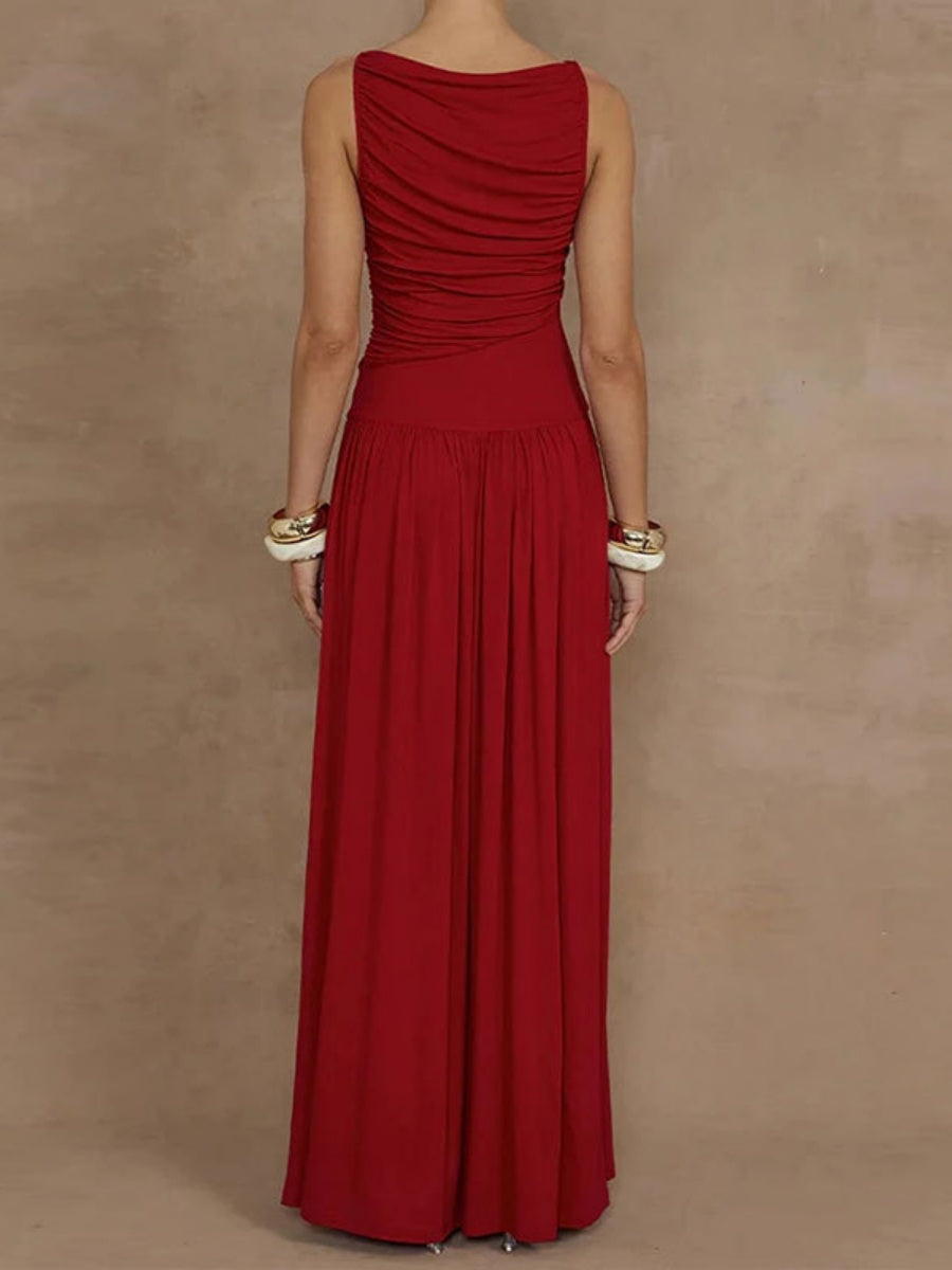 Slim-fit Pleated Solid Color Long Dress