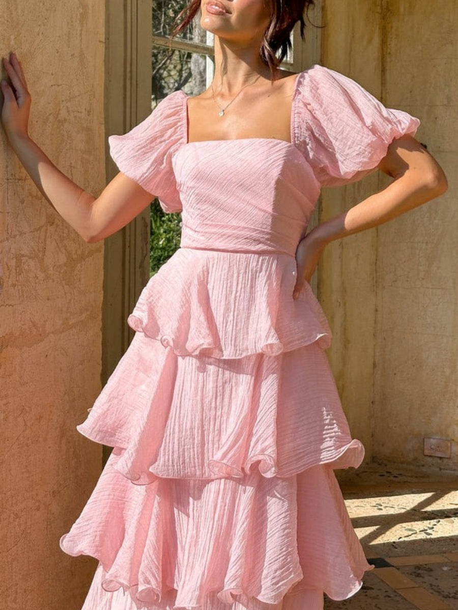 Square Collar Puff Sleeve Cake Skirt Vacation Parties Maxi Dresses
