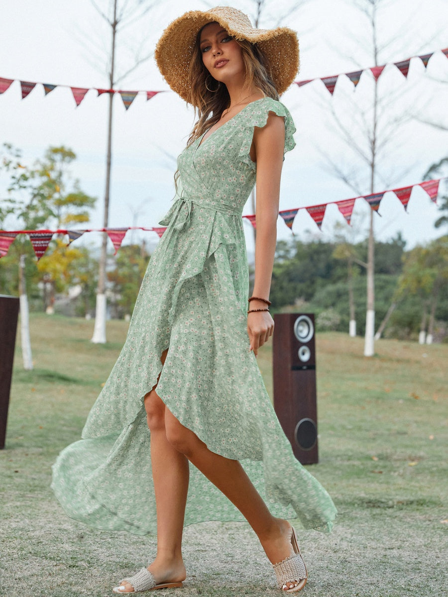 Wrap-up V-neck Bandage Asymmetrical Skirt Vacation And Leisure Maxi Dresses