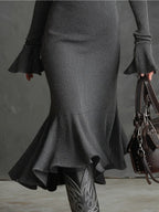 Zipper Lapel Flared Sleeves Fishtail Maxi Dresses