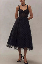 V Neck Polka Dot Mesh A-line Midi Cami Dress