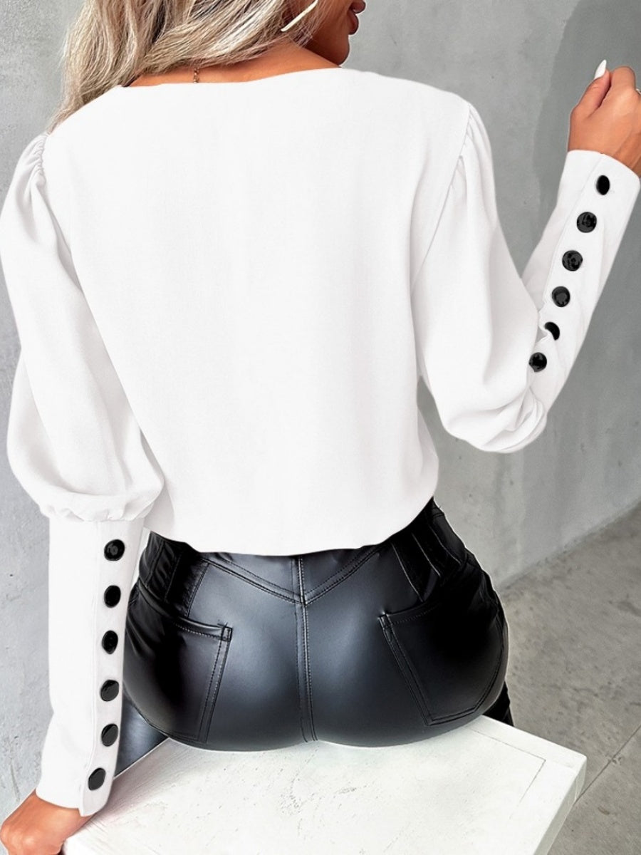 V-neck Solid Color Long-sleeved Button-down Women's Shirt