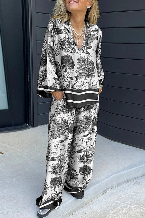 Lapel V Neck Long Sleeves Shirt Wide Leg Pants Printed Casual Set