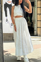 Elastic Waist Lace Hollow Out Pocketed Maxi Skirt