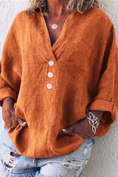 V Neck Long Sleeve Cotton Linen Shirt