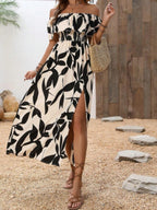 Ruffled Leaf Print Off-Shoulder Long Dress