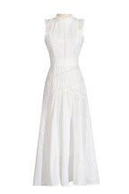 Mock Neck Scalloped Lace Insert Paneled Flared Midi Dress