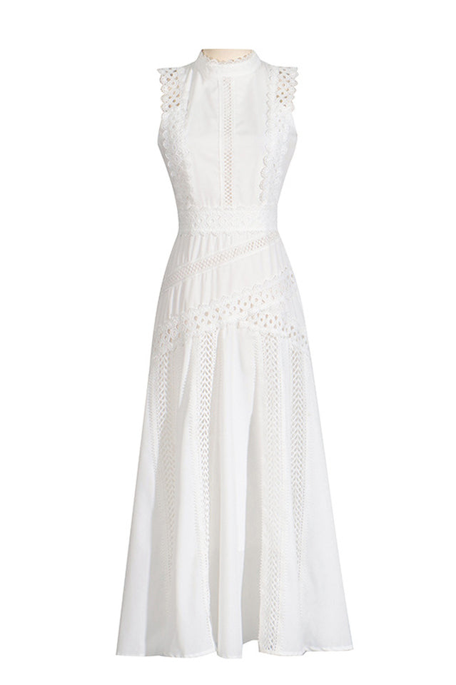 Mock Neck Scalloped Lace Insert Paneled Flared Midi Dress