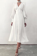 Deep V-Neck Bishop Sleeve Button Front Smocked Waist Midi Dress