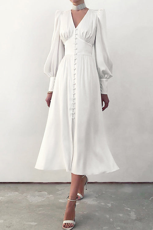 Deep V-Neck Bishop Sleeve Button Front Smocked Waist Midi Dress