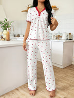 Heart-print V-neck Short-sleeved Trousers Loungewear Set