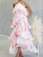 Chiffon Multi-story Halter Printed Vacation Maxi Dresses