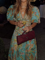 Printed Balloon Sleeve V-neck Temperament Waist Maxi Dresses