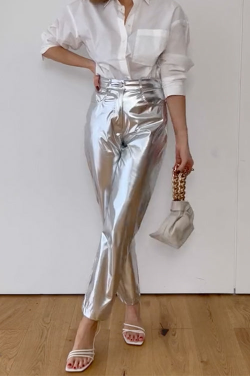 Glam High Rise Straight Leg Faux Leather Pants
