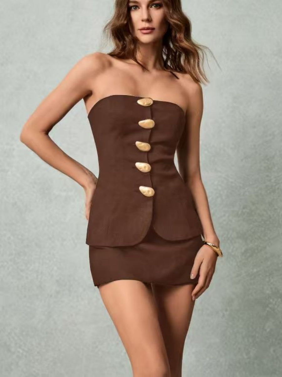 Button-down Strapless Top And Wide-leg Shorts Set