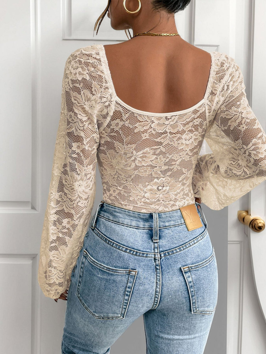 Openwork Lace V-neck Lace Trim Tight-fitting Base Layer Bodysuits