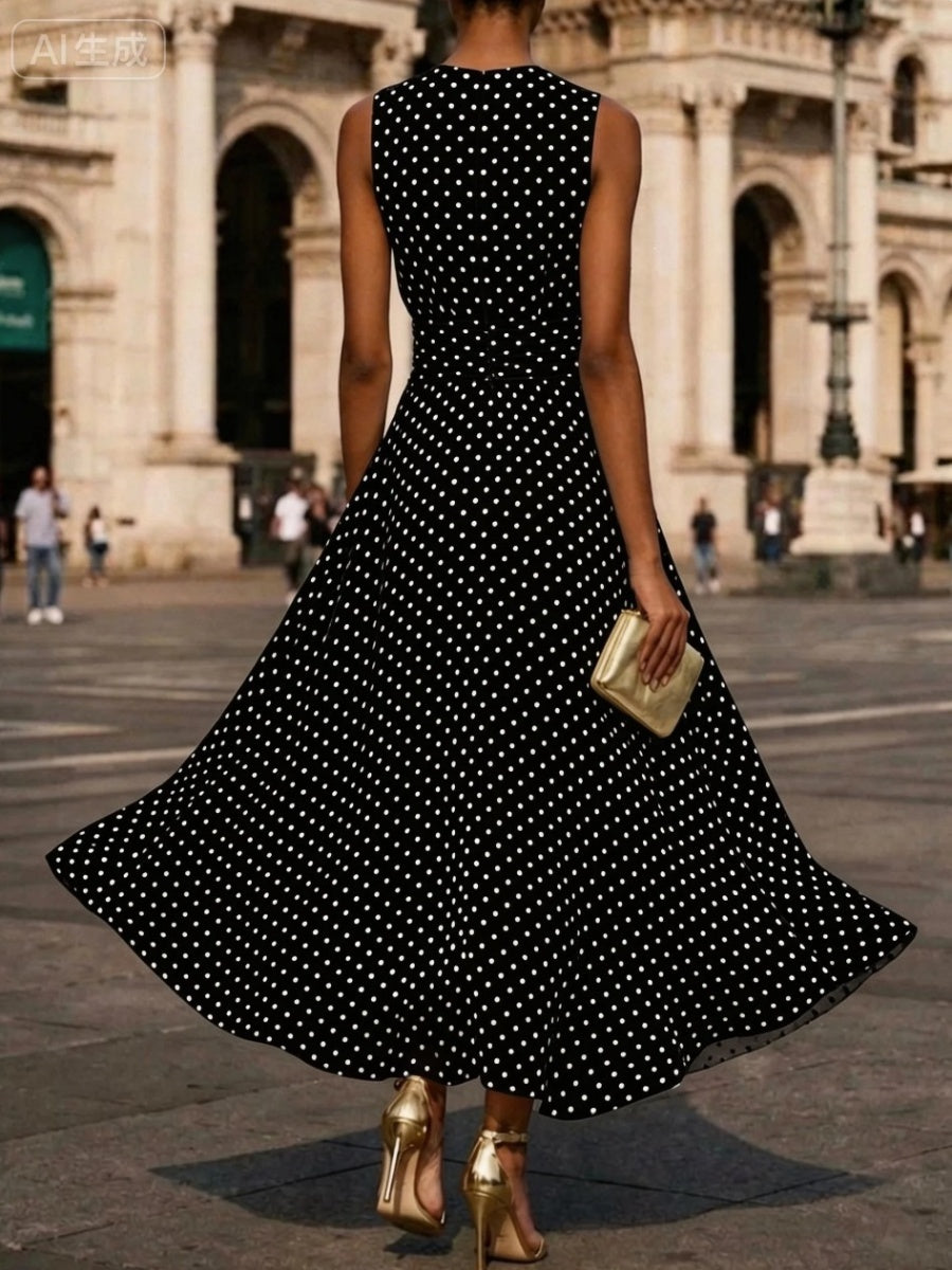Sleeveless Polka Dots Waist Grace Temperament Maxi Dresses
