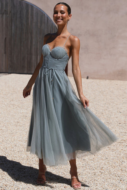 Tulle Corset Sweetheart Spaghetti Strap Tie Waist Midi Dress