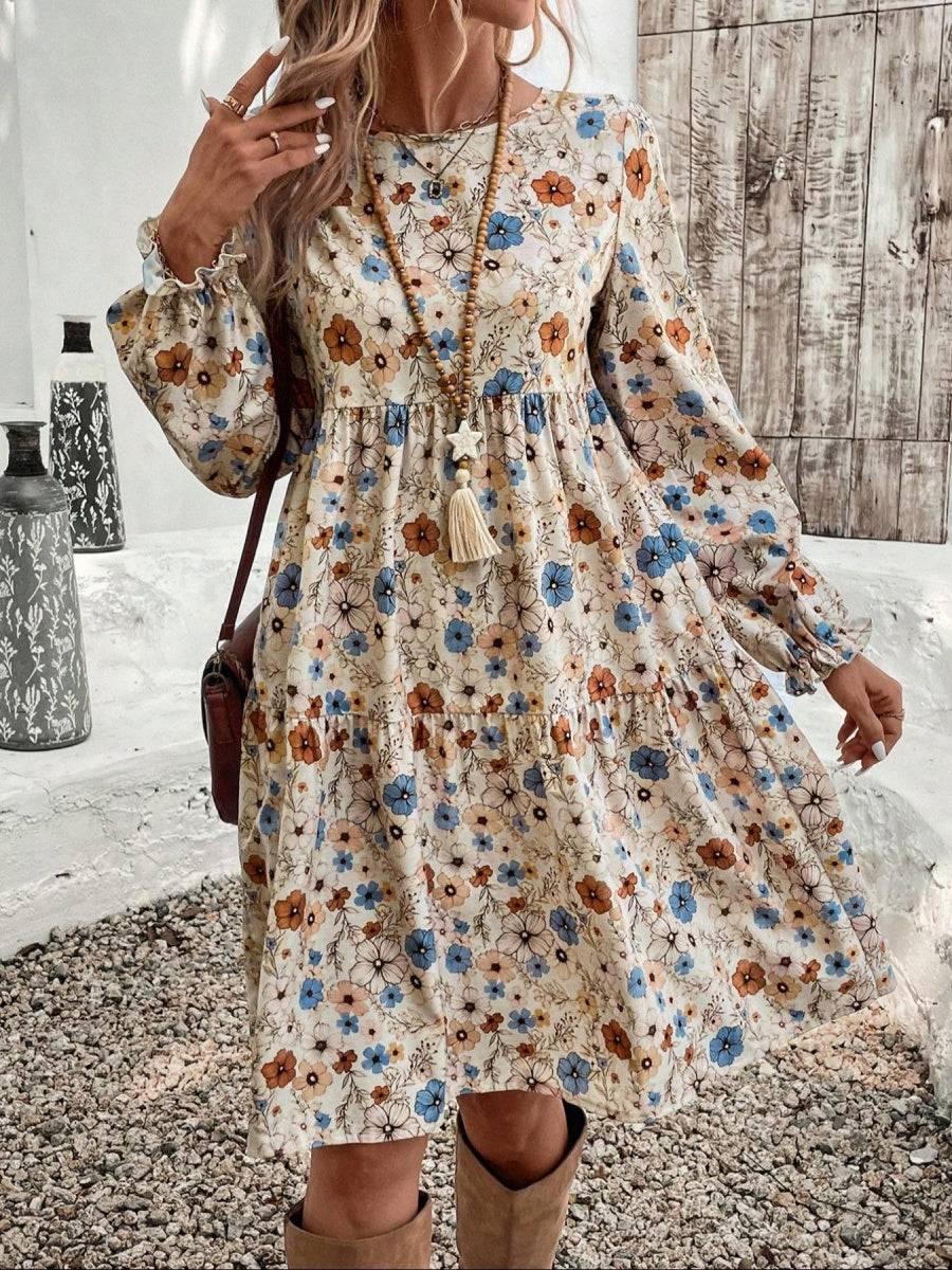 Floral Puff Sleeve Tie-waist Short Dress