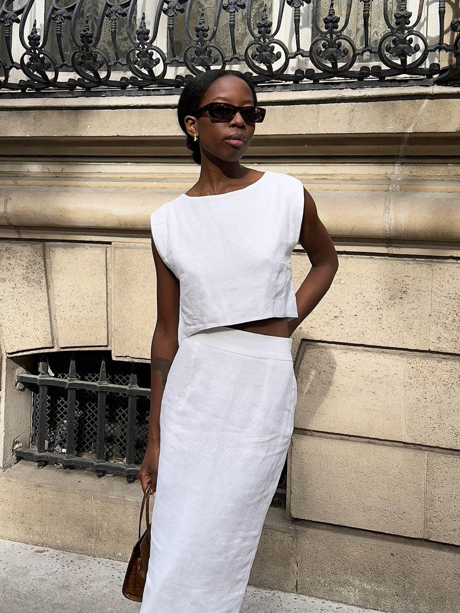 Cotton And Linen Loose-fitting Crew Neck Cropped Vest High-waisted Midi Skirt Set 2-piece Sets