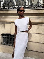 Cotton And Linen Loose-fitting Crew Neck Cropped Vest High-waisted Midi Skirt Set 2-piece Sets