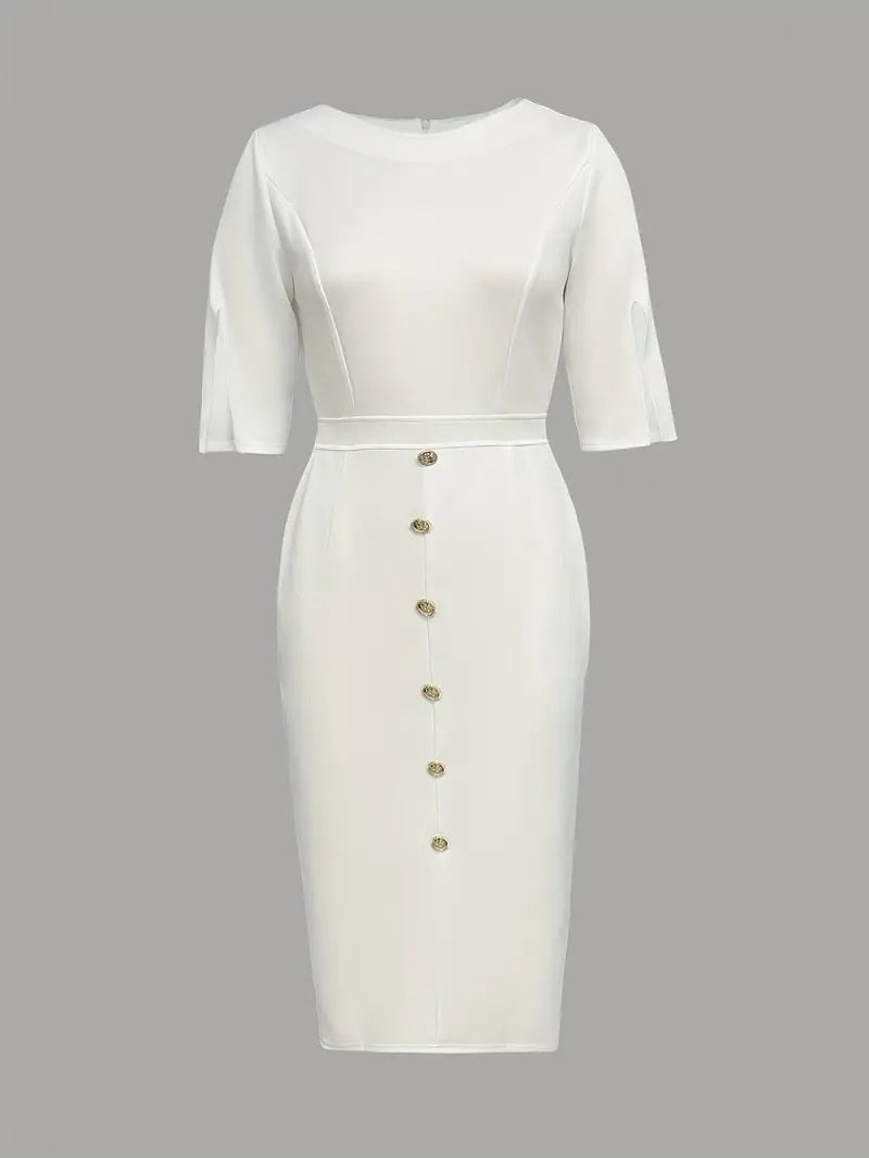 Solid Color Round Neck Fitted Waist Split Button-decorated Midi Dress