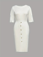 Solid Color Round Neck Fitted Waist Split Button-decorated Midi Dress