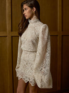 Lantern Sleeve High Neck Lace Two-piece Set