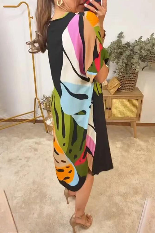 V Neck Short Sleeves Printed Flowy Midi Shift Dress