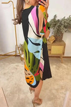 V Neck Short Sleeves Printed Flowy Midi Shift Dress