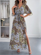 Printed Straps V-neck Short Sleeve Slit Maxi Dresses