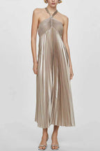 Halter Neck Pleated Metallic Maxi Dress