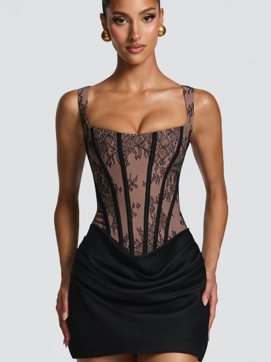 Lace Floral Gathering Waist Corset Formal Dress Mini&Short Dresses