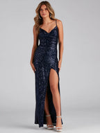 Sequins Slit Sexy Camisoles Formal Dress Maxi Dresses