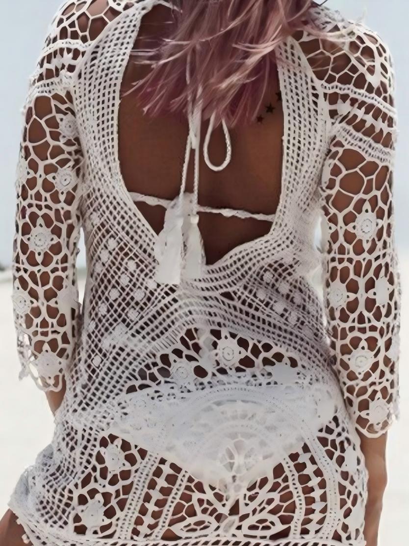 Openwork Lace Crochet Backless Beachwear