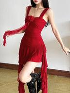 3D Flower Decoration Irregular Ruffles Pleated Mini&Short Dresses