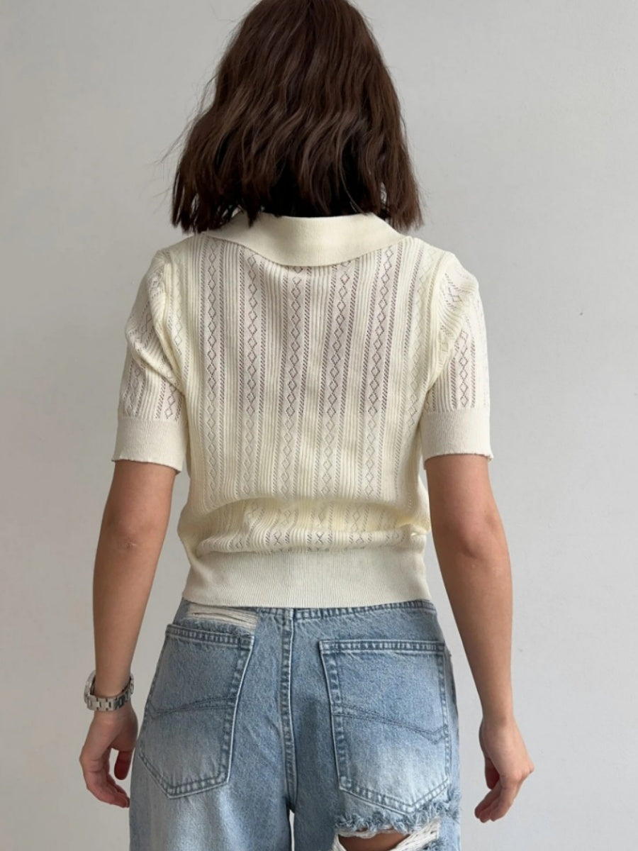 Hollow Crochet Lapel Short Sleeve Knitwear T-shirts